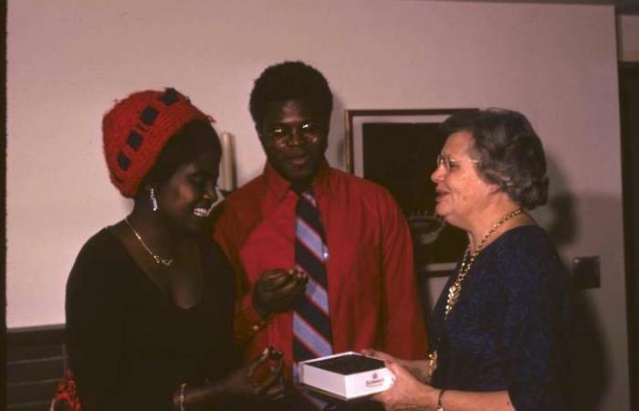 Esther Edgerton with young couple, 1972 