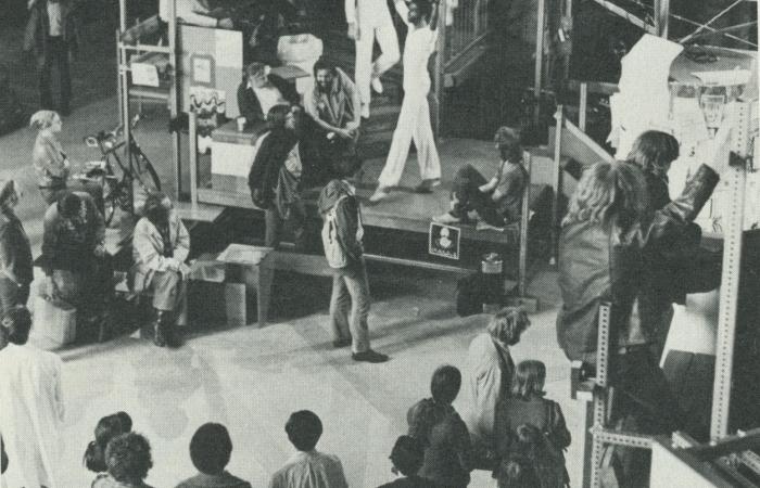 Gustave Solomons, Jr. leads a dance group, ca. 1973