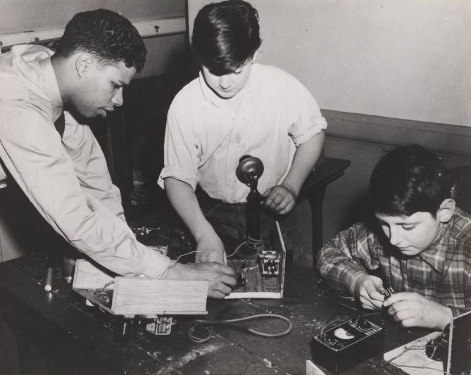 Herbert L. Hardy and boys with electrical equipment, ca. 1951