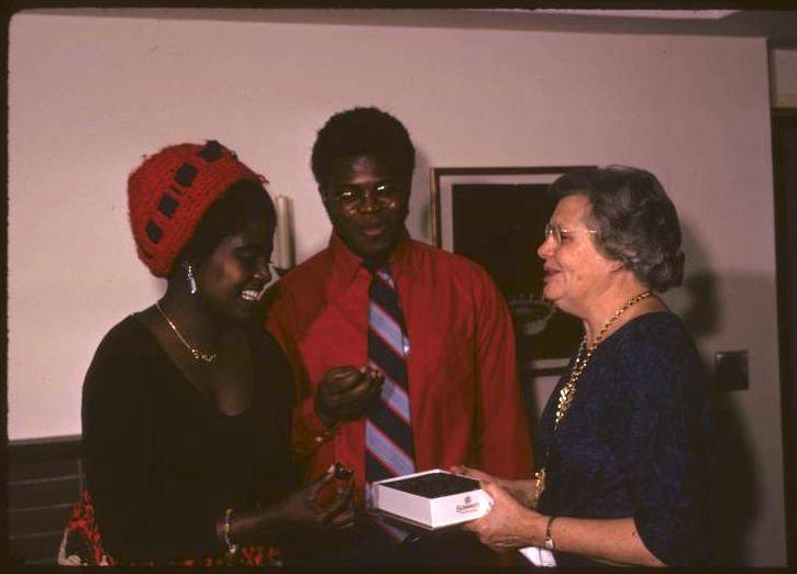 Esther Edgerton with young couple, 1972