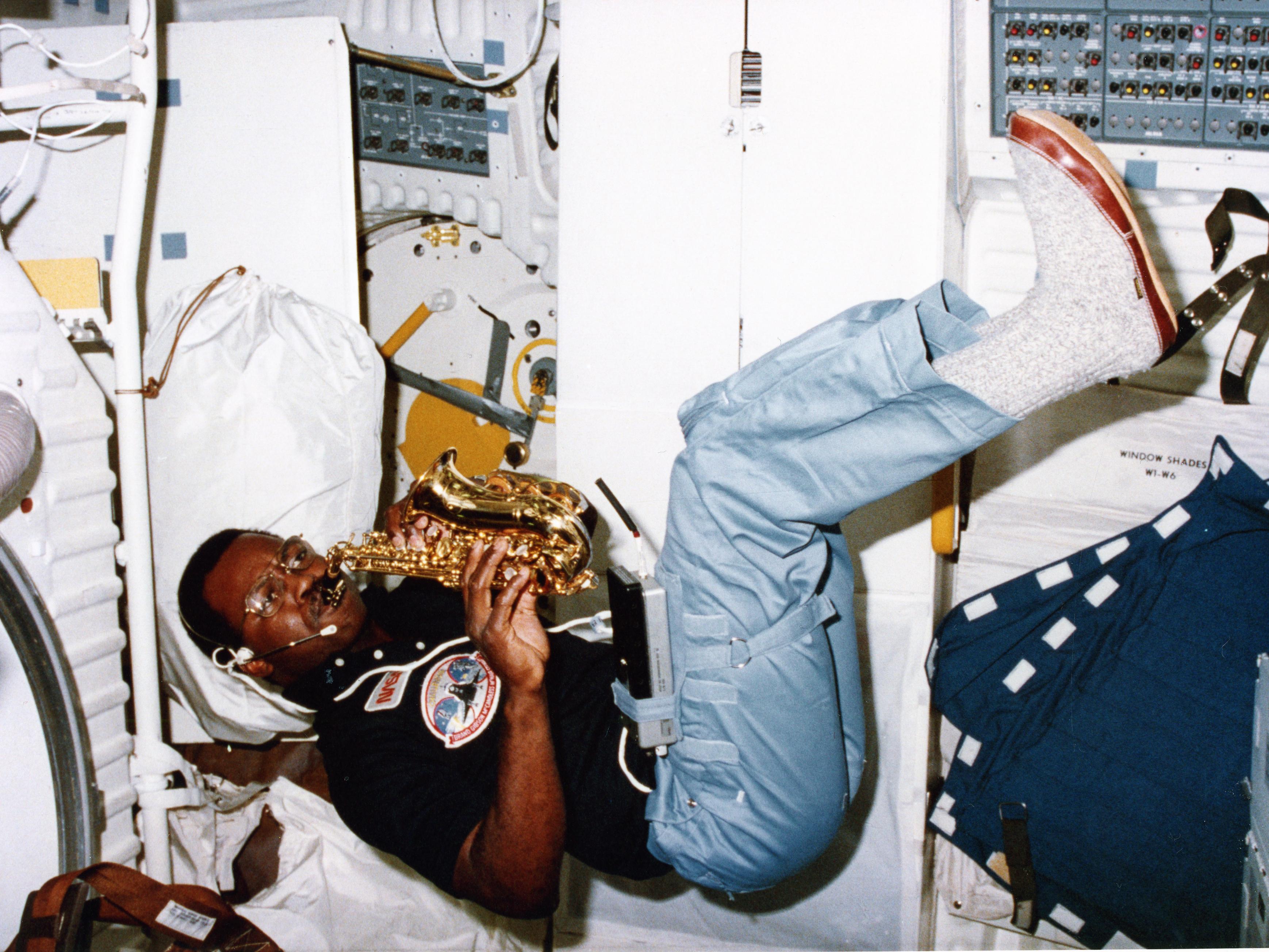 Ron McNair playing sax in space, 1984